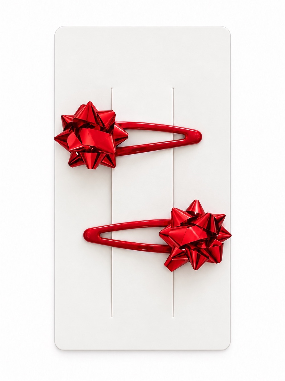 Two Red Christmas Gift Wrap Bow Coquette Coated Metal Snap Clip Barrette Pair